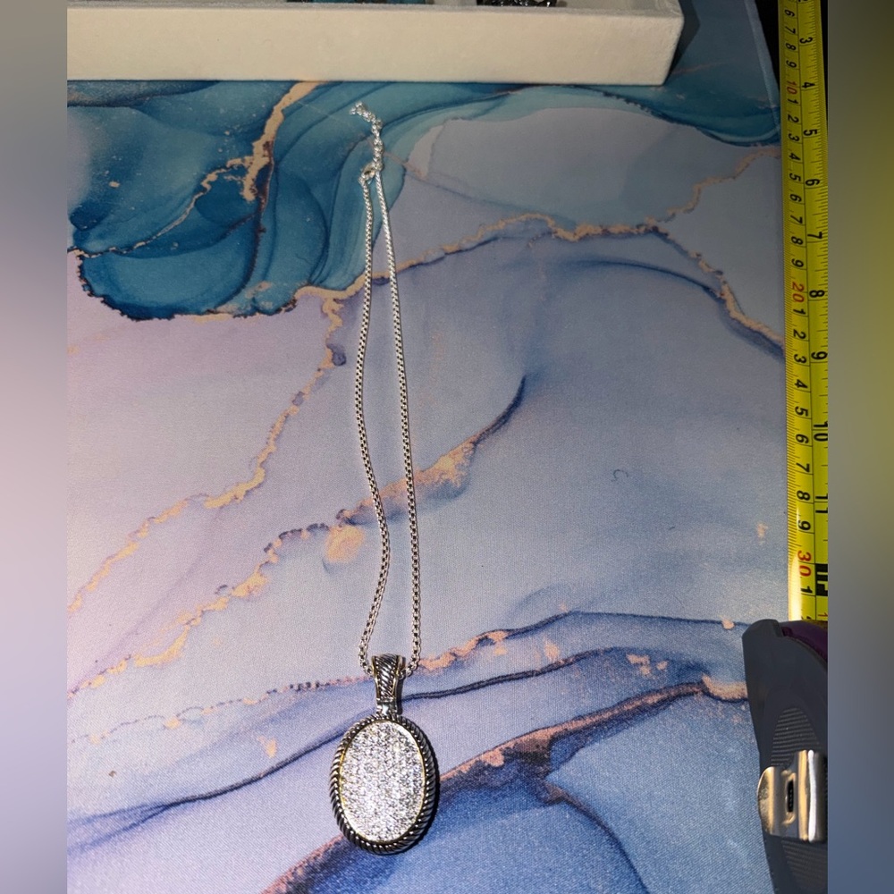 Silver Oval Pave Pendant Necklace - Sparkling Druzy Style
